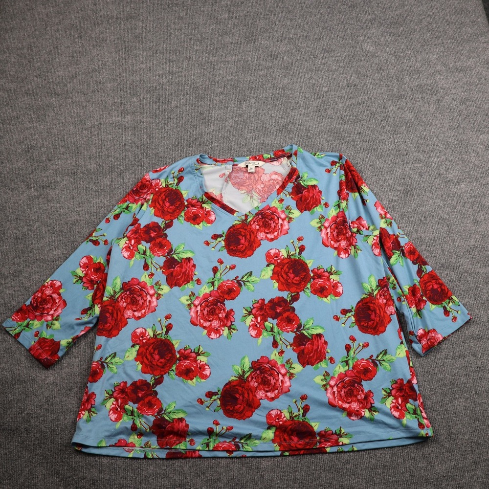 The Pioneer Woman Shirt Womens 2XL Blue Floral V-Neck 3/4 Sleeve Stretch Top